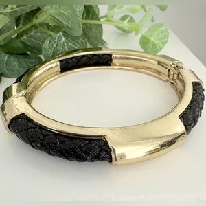 Elegant Gold and Black Braided Leather Bracelet with 14KT Gold Plate Stations